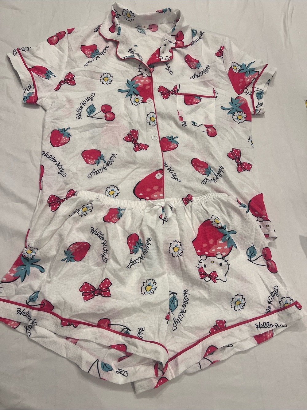 Hello Kitty White & Pink Strawberry Short Pajama Set L loungewear